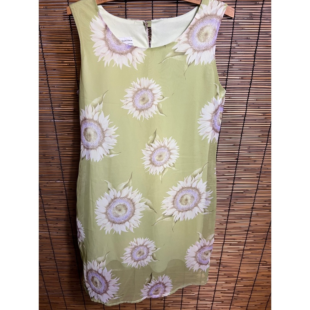 M Collection Sage Green Sunflower Chiffon Shift Dress Made in Canada A18